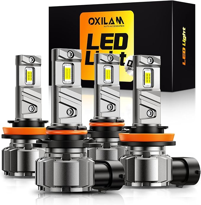 OXILAM 9005 H11 Light Bulbs Combo, 10X Brighter 6500K Cool White, Anti-Flicker, 20 Years Lifespan, H11 9005 LED Light Compatible with Cars Trucks SUVs, Pack of 4