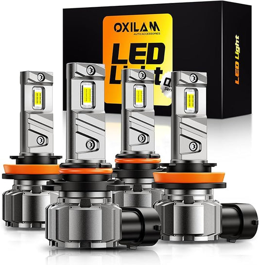 OXILAM 9005 H11 Light Bulbs Combo, 10X Brighter 6500K Cool White, Anti-Flicker, 20 Years Lifespan, H11 9005 LED Light Compatible with Cars Trucks SUVs, Pack of 4