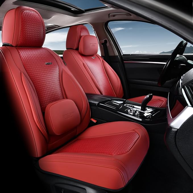 Coverado Seat Covers, Car Seat Covers Front Seats, Waterproof Nappa Leather Auto Seat Cover with Lumbar Head Pillow, Red Seat Covers Carseat Cover Universal Fit for Most Cars