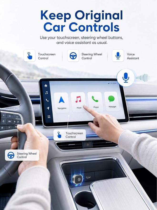 Mini Wireless Android Auto & CarPlay Adapter, Low-Profile USB-A 2-in-1 Wireless Adapter for Factory Wired Android Auto/CarPlay Cars, Auto Reconnect, 5GHz WiFi, USB-C Adapter Included
