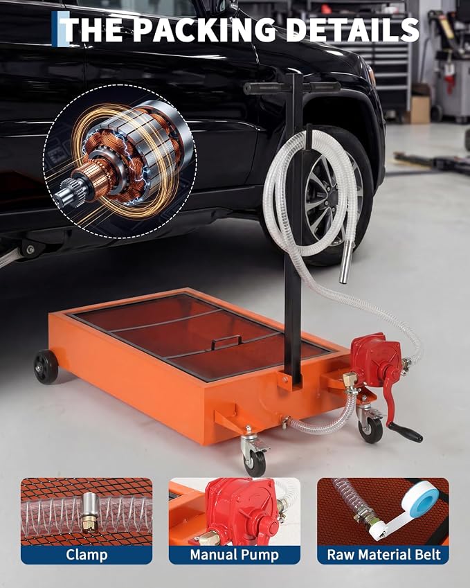 Garvee Oil Drain Pan, 15 Gallon Waste Oil Drain Pan for Oil Change, Steel, 8-8.2 ft Hose& Folding Handle&Rolling Cart, Heavy Duty for Trucks,Manual,Orange