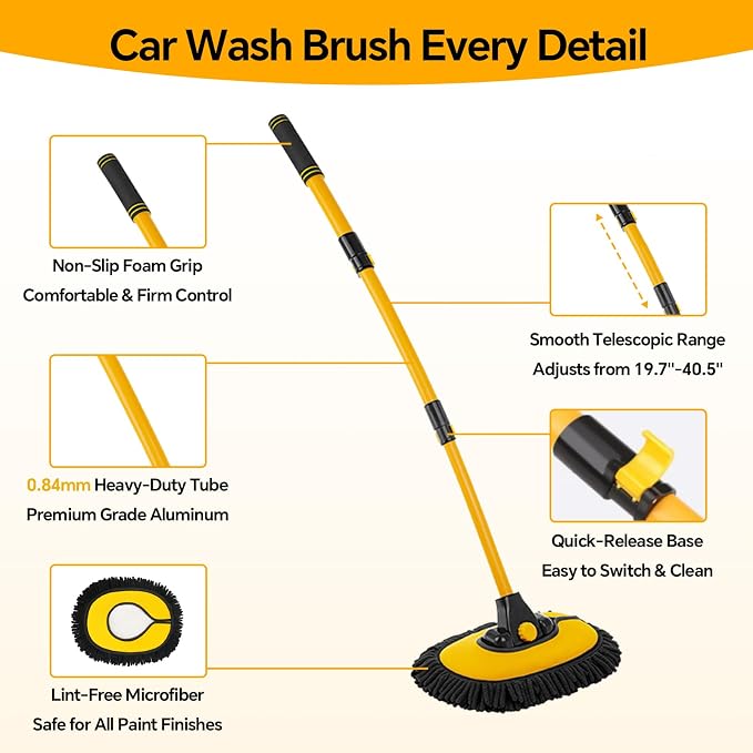 7-in-1 Car Wash Kit with 20L Collapsible Bucket, 15° Curved Mop with 40.5" Long Handle, 0.84mm Reinforced Aluminum Pole, Professional Car Cleaning Supplies for SUV, Trucks & RVs-Yellow.