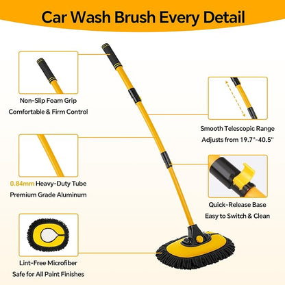 7-in-1 Car Wash Kit with 20L Collapsible Bucket, 15° Curved Mop with 40.5" Long Handle, 0.84mm Reinforced Aluminum Pole, Professional Car Cleaning Supplies for SUV, Trucks & RVs-Yellow.