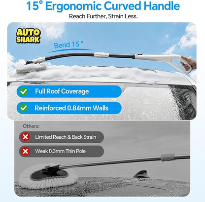 7-in-1, Car Wash Brush 15°Curved with 47" Long Handle and 90° Rotating Replaceable Brush Head, Car Wash Kit with Microfiber Towel and Tire Brush for Car, SUV, RV, Floor Cleaning-White.
