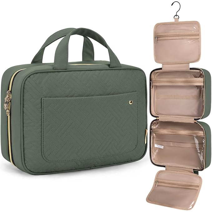BAGSMART Toiletry Bag Travel Bag with Hanging Hook, Water-resistant Makeup Cosmetic Bag Travel Organizer for Accessories, Shampoo, Full-size Container, Toiletries (Hazy Green, Medium)