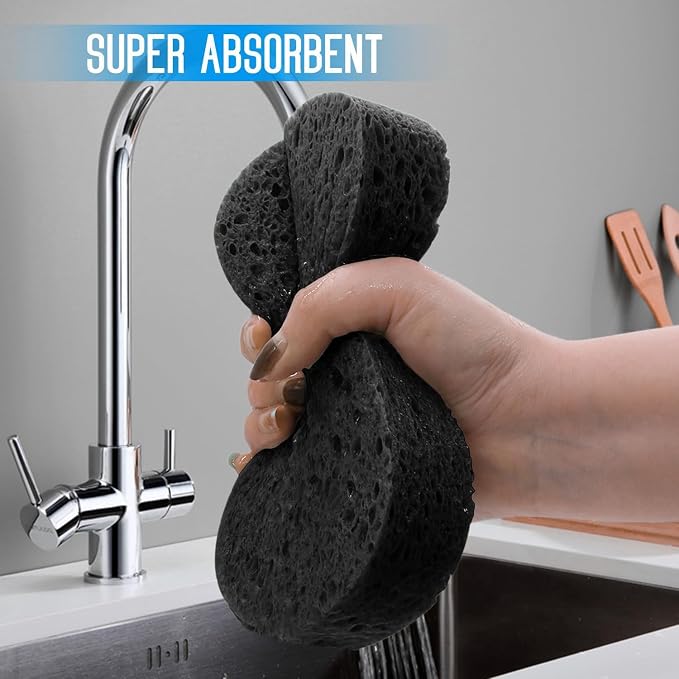 3 - Pack Large Sponge, Kitchen Sponges, Handy Sponges, Cellulose Sponges, Dish Washing Sponge, Natural Sponge, Car Washing Sponge, Eco Friendly Sponge (7.68 x 3.74 x 1.38 Inch), Black