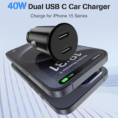 USB C Car Charger for iPhone 17 16 15 Pro Max,40W Dual Port USB-C & USB-A Car Fast Charging Adapter, 2X6FT C to C Cable & A to C Carplay Cable for iPhone 17 16 15 Series/iPhone Air,iPad,Samsung-Black