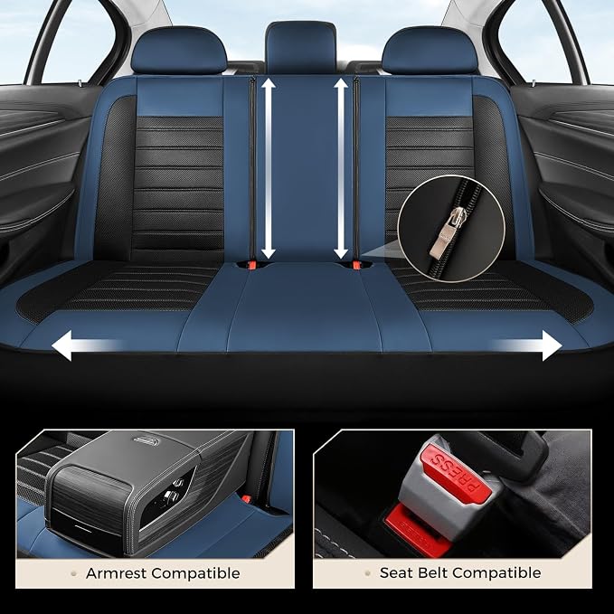 Coverado Car Seat Covers Full Set, Luxury Leather Car Seat Covers, Automotive Front and Rear Mesh Seat Covers, Full Set 5 Seats, Blue Black Seat Covers for SUV Sedan Truck