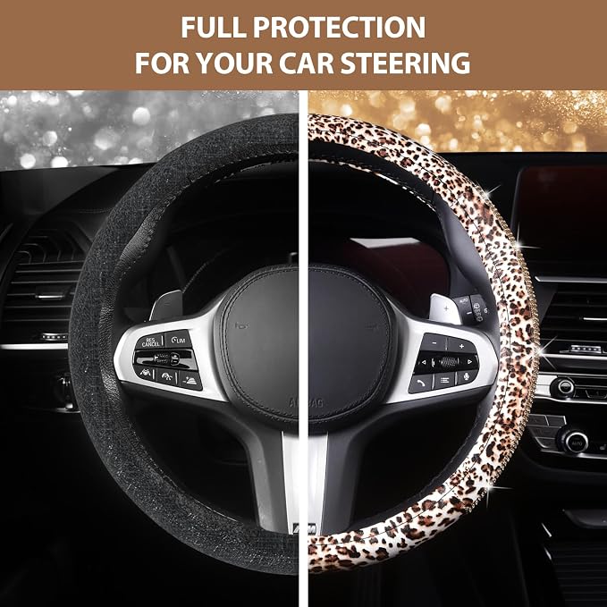 AUTOYOUTH Leopard Print Steering Wheel Cover - Bling Crystal Rhinestones Cheetah Print on PVC Leather Non-Slip Breathable Design for Women/Girls Universal Fit 14.5-15 Inch