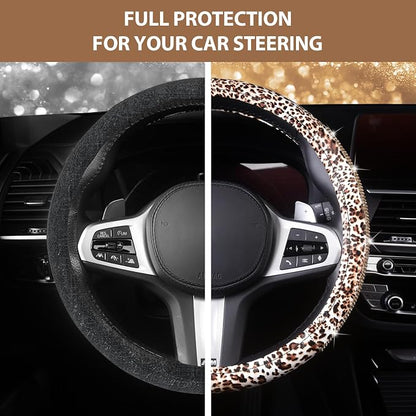 AUTOYOUTH Leopard Print Steering Wheel Cover - Bling Crystal Rhinestones Cheetah Print on PVC Leather Non-Slip Breathable Design for Women/Girls Universal Fit 14.5-15 Inch