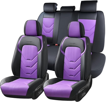 Coverado Car Seat Covers Full Set, Luxury Leather Seat Covers for Front and Back Seat, Black&Purple Seat Cover for Car, Waterproof Car Seat Protector, Car Seat Cushion Universal Fit for Most Cars