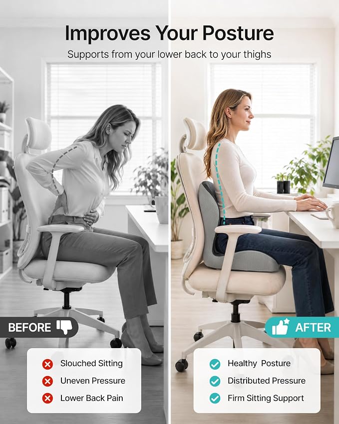 PEGZONE Seat Cushion & Ergonomic Lumbar Support Pillow Memory Foam Cushion for Office Chair, Car, Wheelchair – Orthopedic Pain Relief Cushion for Back, Sciatica, Tailbone, Butt - Gray