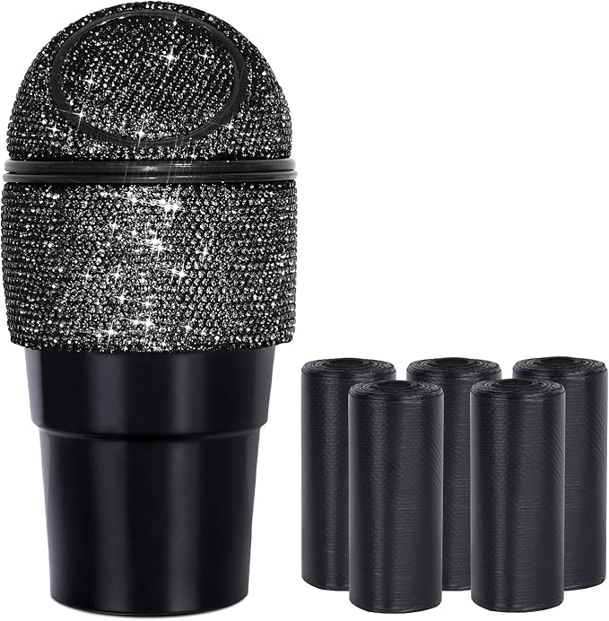 eing Car Trash Can Bling Crystal Auto Mini Trash Bin for Car Office Home Women,Car Cup Holder Garbage Can with Lid and 5 Pack Disposable Garbage Gag, Black