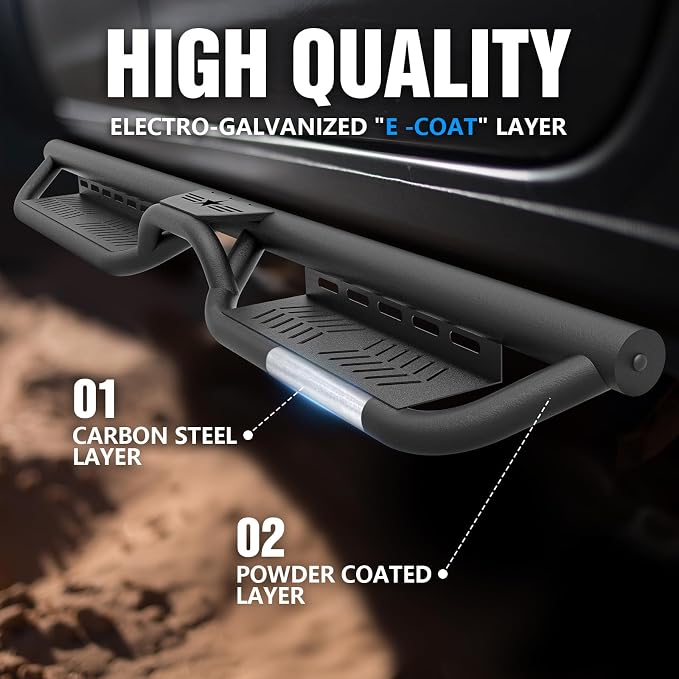 Running Boards Compatible with 2020-2026 Jeep Gladiator JT 4 Doors, Heavy-Duty Steel Nerf Bars Two Stairs Design Side Steps Bolt-on Step Plates Rock Sliders Rail