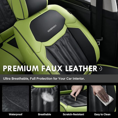 Coverado Full Set Car Seat Covers, Nappa Leather Seat Covers for Cars 5 Seats, Waterproof Car Seat Protector, Universal Fit for Most Sedans SUV Pick-ups Trucks, Green&Black