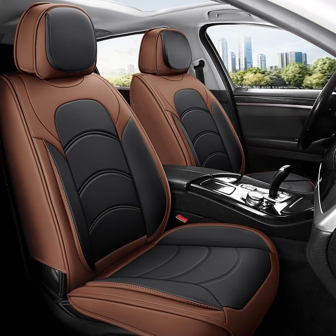 otoez Car Seat Covers Full Set, 5 Seats Waterproof Universal Leather Seat Cover for Cars, Front Rear Automotive Interior Protectors Full Coverage for Most Cars Sedens Trucks SUVs, Black+Brown
