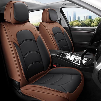 otoez Car Seat Covers Full Set, 5 Seats Waterproof Universal Leather Seat Cover for Cars, Front Rear Automotive Interior Protectors Full Coverage for Most Cars Sedens Trucks SUVs, Black+Brown