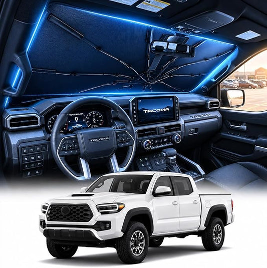 [2026 Upgraed] DooGooCoo Windshield Sun Shade Umbrella for Toyota Tacoma [100% Sunlight Blocked, Ice Crystal Cool] Sunshade for Car Windshield for Tacoma Sun Shade 2016-2026, Custom Fit for Tacoma.