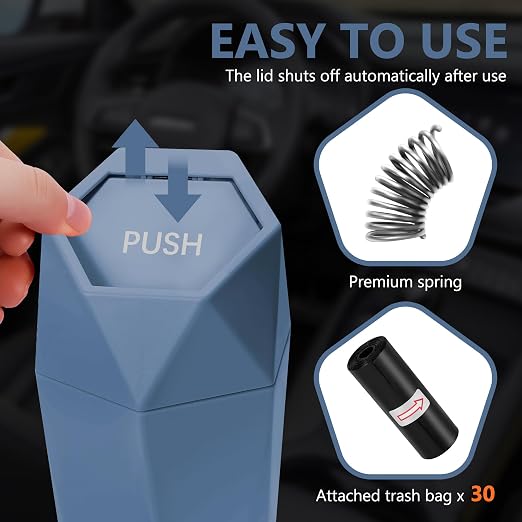 Car Trash Can with Lid - 2-Pack, Interior Accessories for Vehicles, Leakproof Garbage Can with 30 Detachable Trash Bags, Multipurpose Organizers and Storage for Home, Office (Dark Blue)