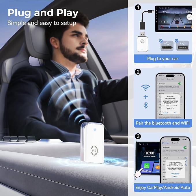 Wireless Carplay Adapter for iPhone, Convert Wired Car Play to Wireless, 2 in 1 Plug and Play Mini CarPlay and Android Auto Adapter for iOS 10 Android 11 and Above, Cars with Built-in Carplay (White)