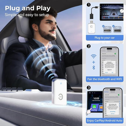 Wireless Carplay Adapter for iPhone, Convert Wired Car Play to Wireless, 2 in 1 Plug and Play Mini CarPlay and Android Auto Adapter for iOS 10 Android 11 and Above, Cars with Built-in Carplay (White)