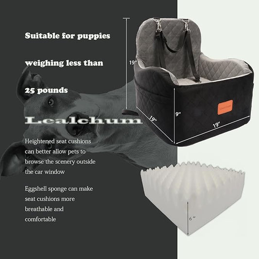 Lealchum Dog Booster Car Seat for S/M Dogs Up to 35lbs,Soft 6in Elevated Cushion,Fits in Front/Back Seat,Fully Detachable and Washable,2 Storage Pockets & 3 Straps,Easy to Install (Black/Brown,Medium)