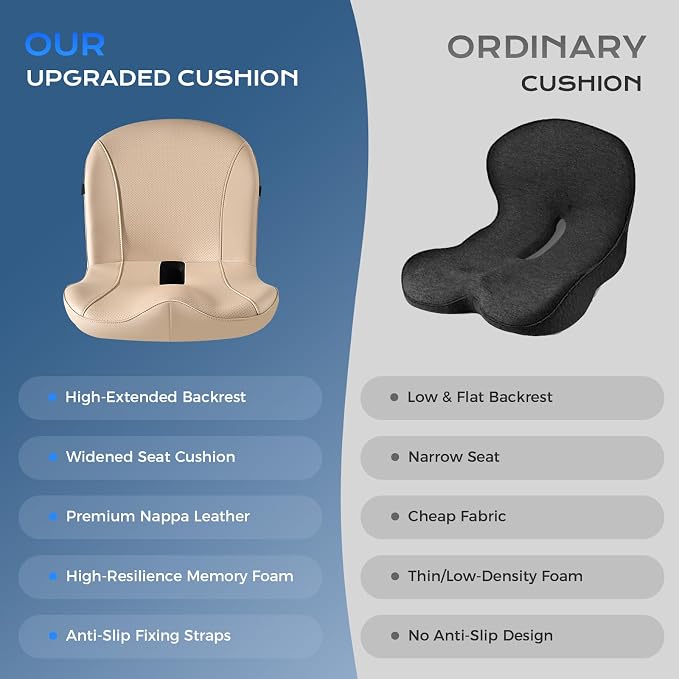 Coverado Car Seat Cushion and Lumbar Support Pillow One Piece, Napa Leather Memory Foam Ergonomic Back Support Driving Seat Cushion for Back Pain, Non-Slip Washable Cushion for Car, Driver, Office