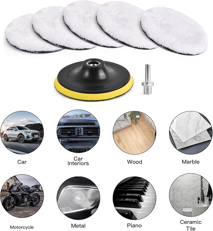 Kshineni 7 Pcs 5 Inch (125 mm) Wool Polishing Buffing Pad Car Polisher Buffer Drill Attachment with M14 Drill Adapter