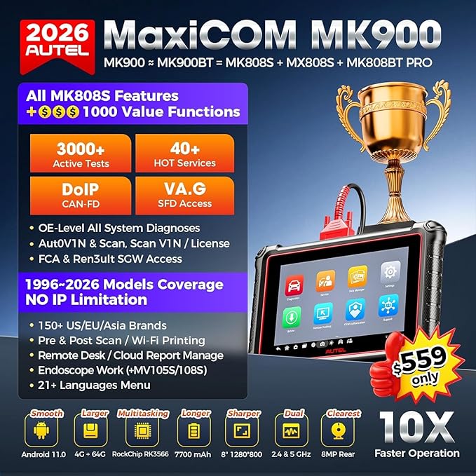 Autel MaxiCOM MK900 Bidirectional Scanner: 2026 Up of MaxiCheck MX808S MK808S, Work as MK900-BT MK900BT MX900 OBD2 Diagnostic Tool w/ 3000+ Active Test, 40+ Service, CAN-FD&DOIP, All System, FCA 11 OS