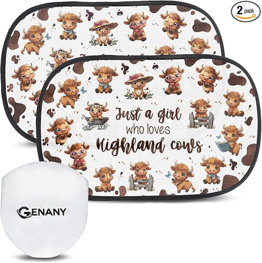 GENANY 2pcs Highland Cow Window Sun Shade for Sedan SUV Truck (21x14 Inches), Sun Shades for Side Window, Accessories for Kids, Baby Window Shades, Summer Car Decor