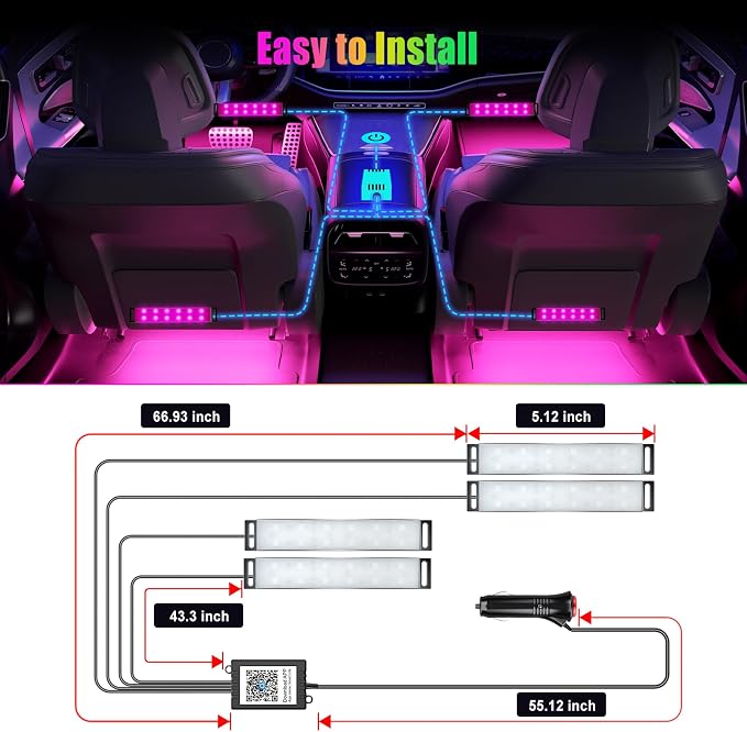 Yilaie LED Car Lights Interior Footwell Lighting Decorations Inside with App Control, Music Sync Multicolor for Trucks DC 12V