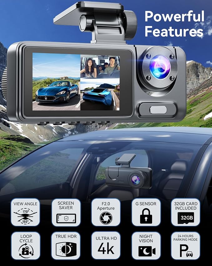Dash Cam Front Rear with 3 Channel, 4K Full UHD Car Camera, 5GHz WiFi & App Control, Free 32GB Card Included, Dash Camera for Cars with IR Night Vision, 24 Parking Mode, Loop Recording, G-Sensor