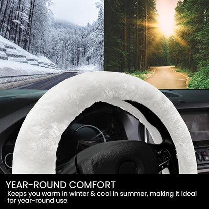 Andalus Brands Luxury Fluffy Car Steering Wheel Covers – Genuine Merino Sheepskin, Soft Fuzzy Car Steering Wheel Cover for Women, Universal 14.5-15" Size, Plush Fur Cute Auto Accessories, White