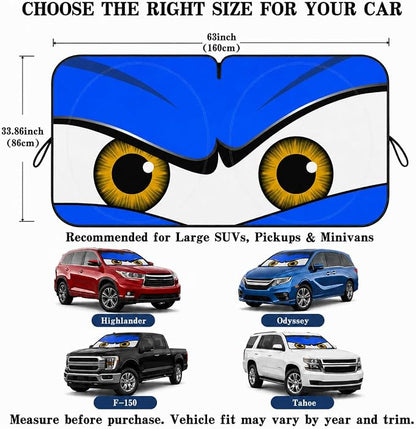 Car Windshield Sun Shade, Blue Monster Eyes Large Foldable Front Window Sunshade, UV Heat Protection Windshield Cover Universal Fits Full-Size Pickup Truck SUV- 63 x 33.86