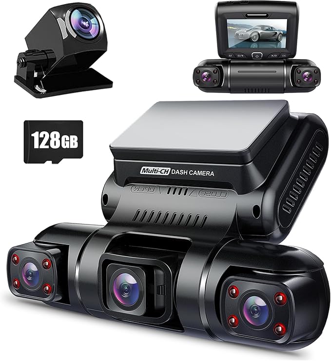 PRUVEEO 360° 4 Channel Dash Cam Front and Rear Inside Left Right, Dash Camera for Cars, Built-in GPS WiFi Night Vision, 24/7 Recording Parking Mode Monitor, 128G Card Included
