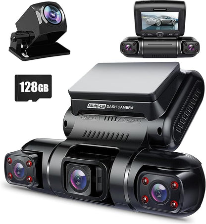PRUVEEO 360° 4 Channel Dash Cam Front and Rear Inside Left Right, Dash Camera for Cars, Built-in GPS WiFi Night Vision, 24/7 Recording Parking Mode Monitor, 128G Card Included