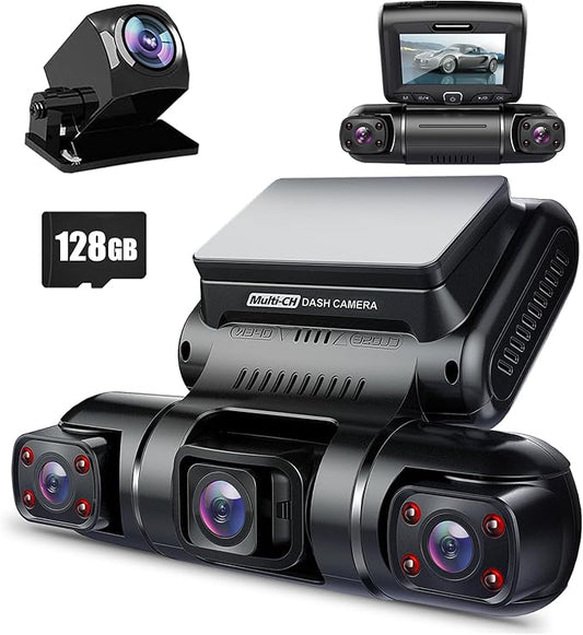 PRUVEEO 360° 4 Channel Dash Cam Front and Rear Inside Left Right, Dash Camera for Cars, Built-in GPS WiFi Night Vision, 24/7 Recording Parking Mode Monitor, 128G Card Included