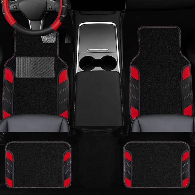 NBTEPEM 10 Pcs Car Floor Mats Full Set & Sport Leather Steering Wheel Cover 14.5-15 inch, Center Console Cover, Seat Belt Cushion, Cup Holder Coaster, Universal Automobile Interior Sets (Red)
