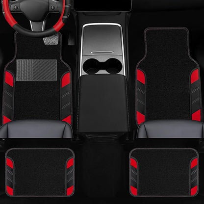 NBTEPEM 10 Pcs Car Floor Mats Full Set & Sport Leather Steering Wheel Cover 14.5-15 inch, Center Console Cover, Seat Belt Cushion, Cup Holder Coaster, Universal Automobile Interior Sets (Red)