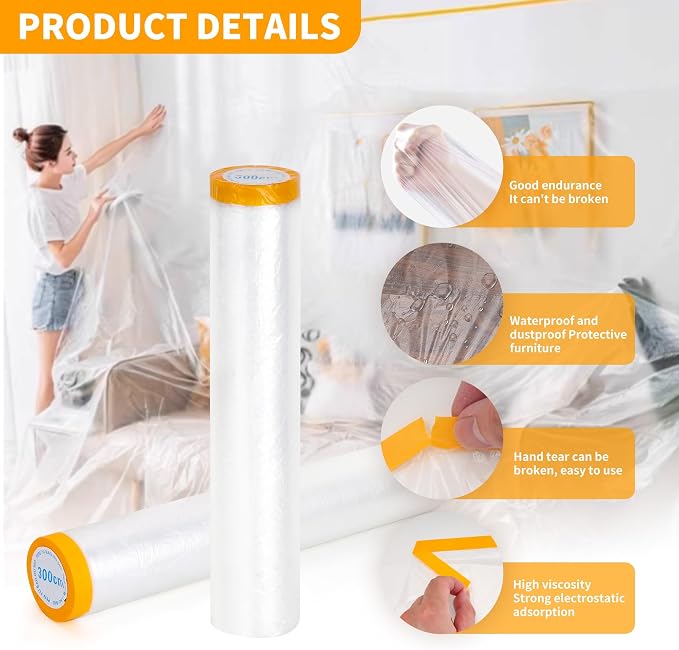 Pre-Taped Masking Film 2 Pack Each 10 x 65 feet Rolls, Tape and Drape, Painters Plastic Sheeting Drop Cloth for Automotive Painting Covering, House Decoration Furniture Floor Dustproof Cover