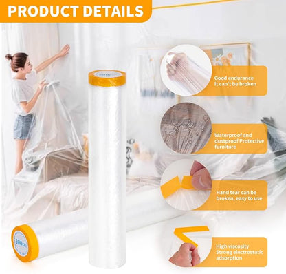 Pre-Taped Masking Film 2 Pack Each 10 x 65 feet Rolls, Tape and Drape, Painters Plastic Sheeting Drop Cloth for Automotive Painting Covering, House Decoration Furniture Floor Dustproof Cover