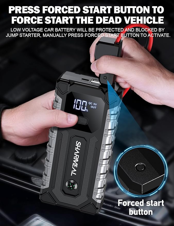 Sharmeal Car Battery Jump Starter 6000A, Car Jumper Starter Battery Pack for Up to All Gas & 10.0L Diesel Engines, 12V Portable Jump Box with 3 Modes Flashlight and Jumper Cable