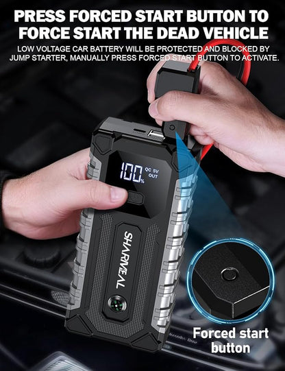 Sharmeal Car Battery Jump Starter 6000A, Car Jumper Starter Battery Pack for Up to All Gas & 10.0L Diesel Engines, 12V Portable Jump Box with 3 Modes Flashlight and Jumper Cable