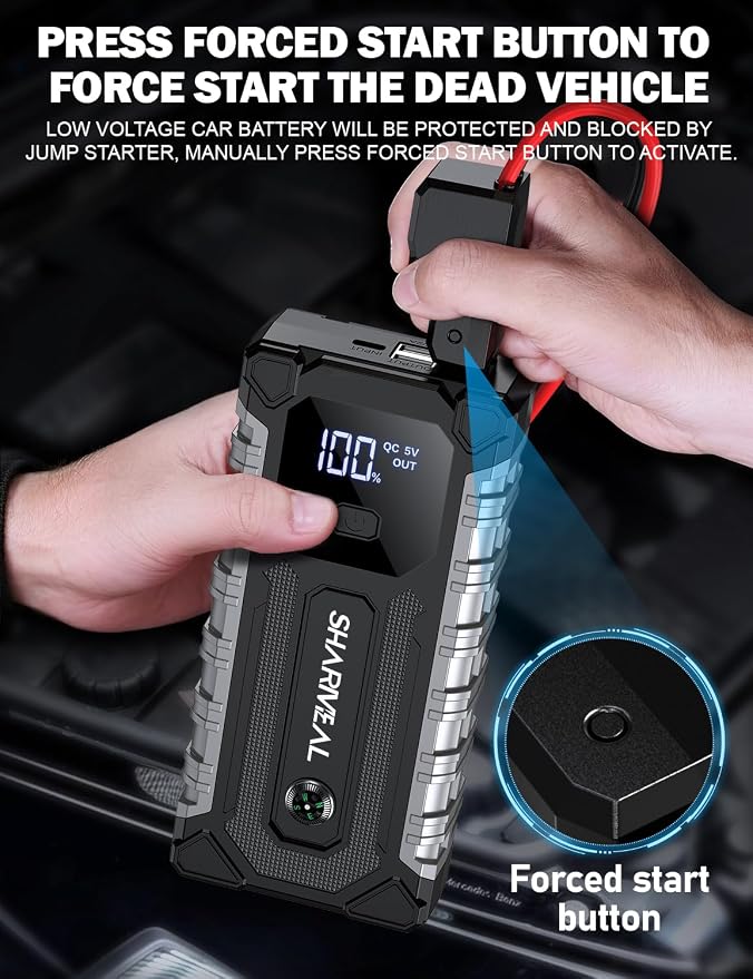 Sharmeal Car Battery Jump Starter 6000A, Car Jumper Starter Battery Pack for Up to All Gas & 10.0L Diesel Engines, 12V Portable Jump Box with 3 Modes Flashlight and Jumper Cable