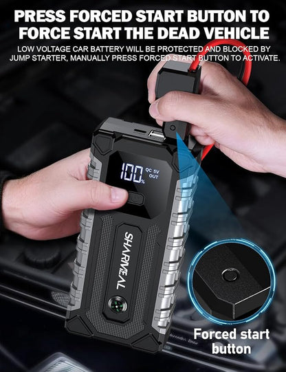 Sharmeal Car Battery Jump Starter 6000A, Car Jumper Starter Battery Pack for Up to All Gas & 10.0L Diesel Engines, 12V Portable Jump Box with 3 Modes Flashlight and Jumper Cable