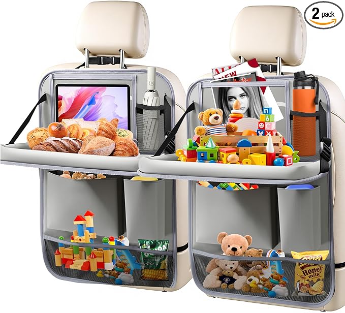 2Pack Car Backseat Organizer with Foldable Table Tray,6 Storage Pockets Car Storage Organizer with Tablet Holder,Car Seat Back Protectors Kick Mats Travel Accessories (Grey)