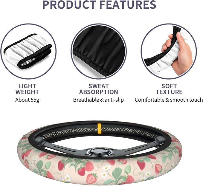 Strawberry Flowers Steering Wheel Cover - Strawberry Flower Steering Wheel Cover for Women Cute Car Breathable Universal for 14-15 Inch Anti-Slip 2 Pieces Car Coasters