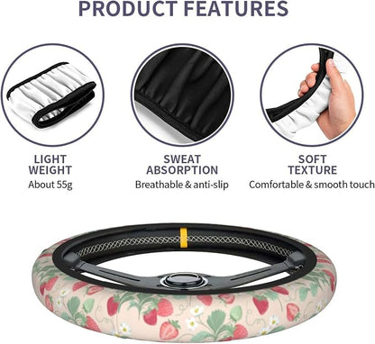 Strawberry Flowers Steering Wheel Cover - Strawberry Flower Steering Wheel Cover for Women Cute Car Breathable Universal for 14-15 Inch Anti-Slip 2 Pieces Car Coasters