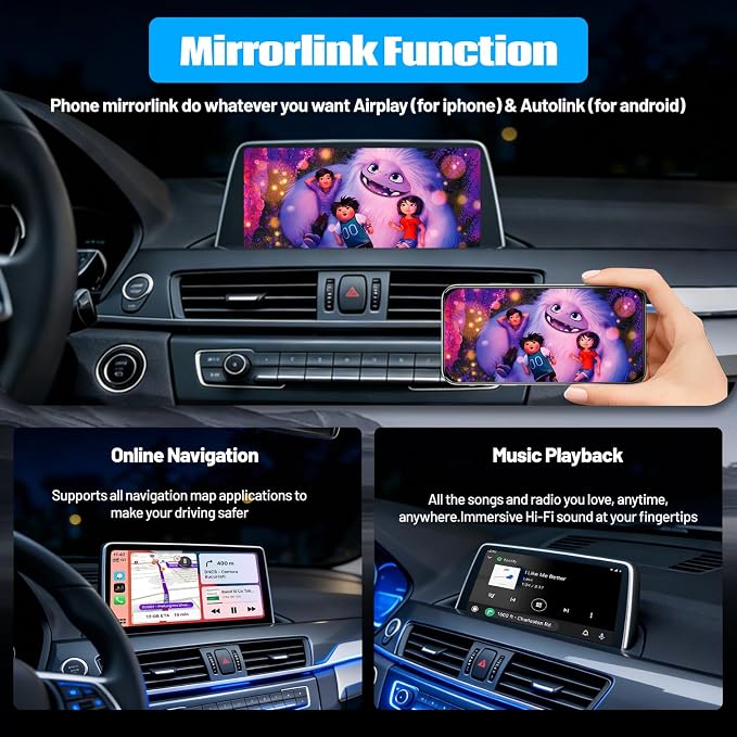 Wireless CarPlay Android Auto Retrofit Kit for BMW CIC System 1/2/3/4/5/7seriers X1/X3/X5/X6/E60/E61/E81/E90/F07/F10/F11/E84/E71/F25/E70 2008-2012,Support OEM Controls, Airplay Mirror,Reverse Camera