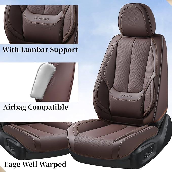 Coverado Seat Covers, Car Seat Covers Front Seats, Car Seat Cover, Car Seat Protector Waterproof, Car Seat Cushion Nappa Leather, Brwon Seat Covers Carseat Cover Universal Fit for Most Cars